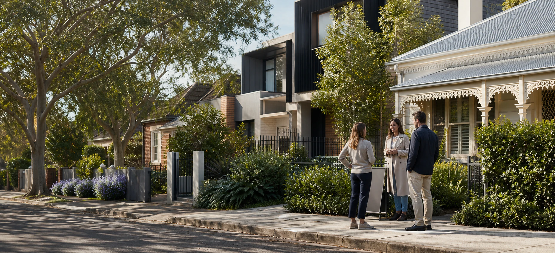People sharing property information on an Australian residential street
