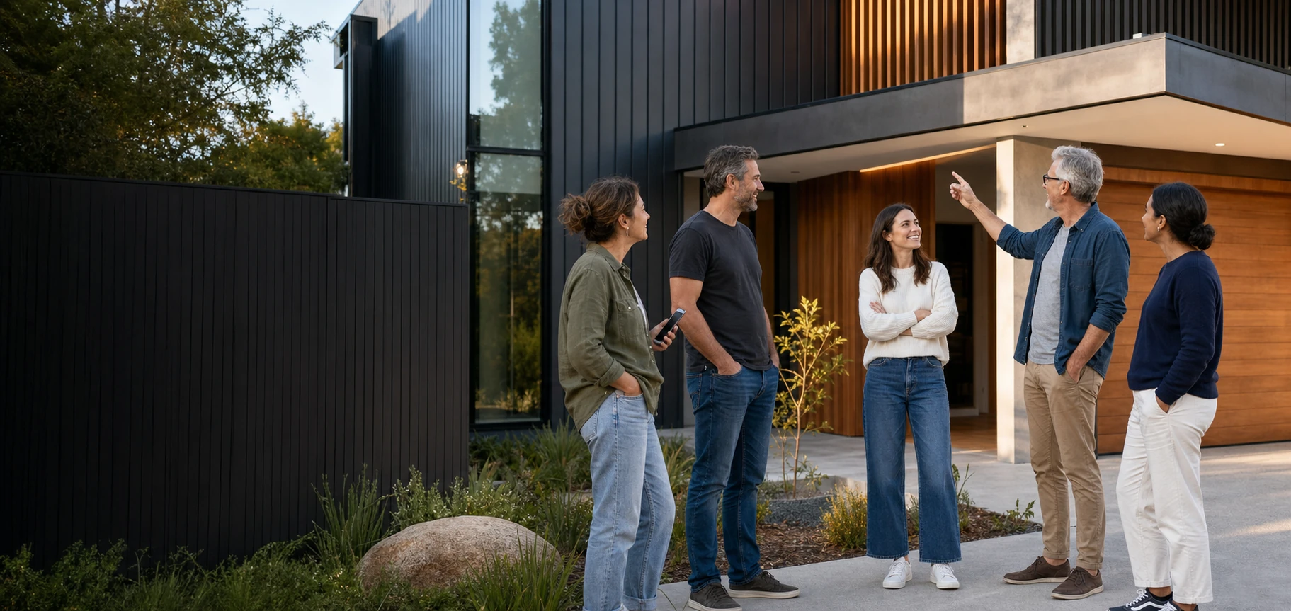 Neighbours and property buyers discussing a modern Australian home